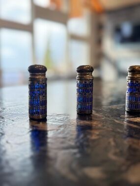 VINTAGE Cobalt Blue blown Glass Salt & Pepper Shakers with silver plate Filigree